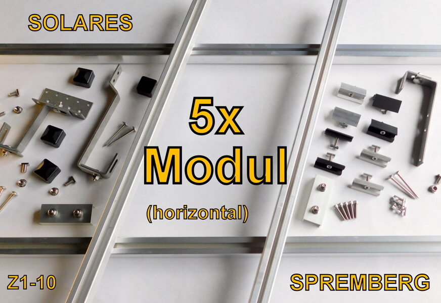 Komplettlösung für 5x PV-Modul auf Ziegeldach quer / horizontal bei einer Modulhöhe von 30-50mm