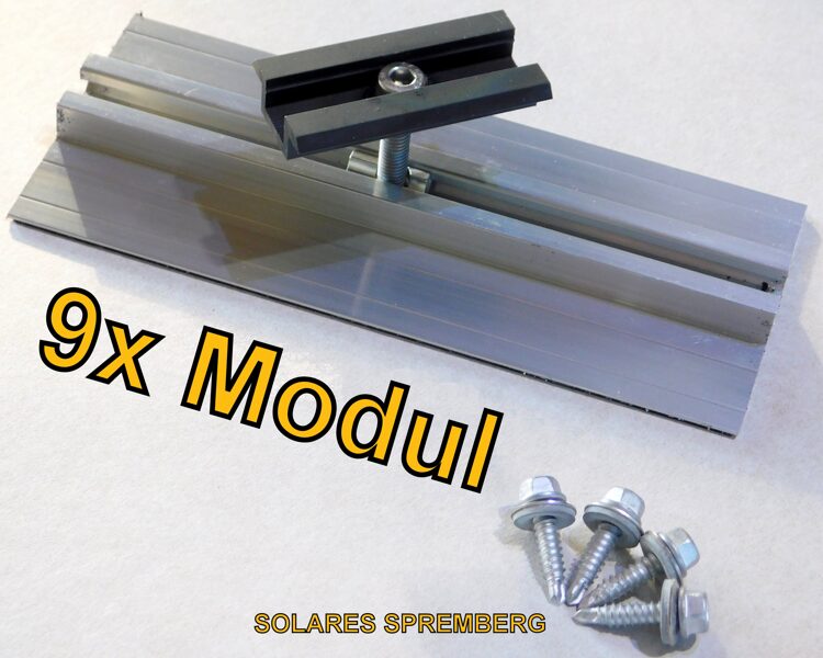 Komplettlösung für 9x PV-Modul auf Trapezblechdach vertikal / hochkant/ Sicke zu Sicke / Kurzschiene H=13mm B=90mm L=100-400mm
