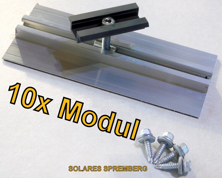 Komplettlösung für 10x PV-Modul auf Trapezblechdach vertikal / hochkant/ Sicke zu Sicke / Kurzschiene H=13mm B=90mm L=100-400mm