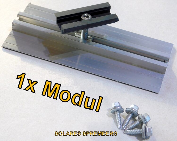 Komplettlösung für 1x PV-Modul auf Trapezblechdach vertikal / hochkant/ Sicke zu Sicke / Kurzschiene H=13mm B=90mm L=100-400mm