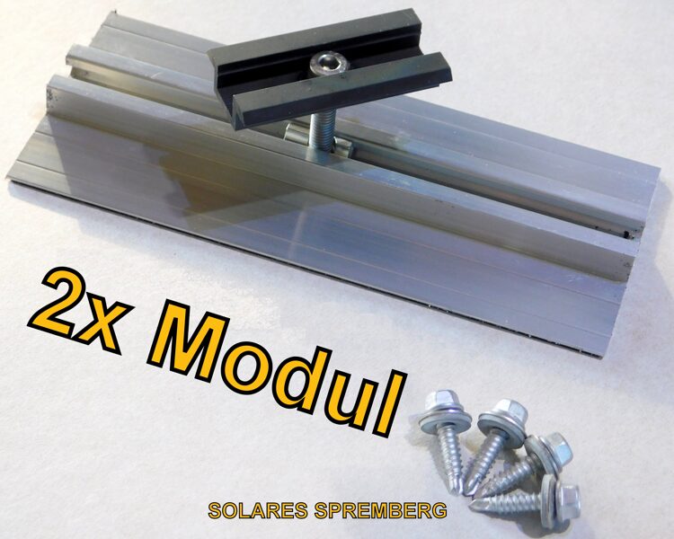 Komplettlösung für 2x PV-Modul auf Trapezblechdach vertikal / hochkant/ Sicke zu Sicke / Kurzschiene H=13mm B=90mm L=100-400mm