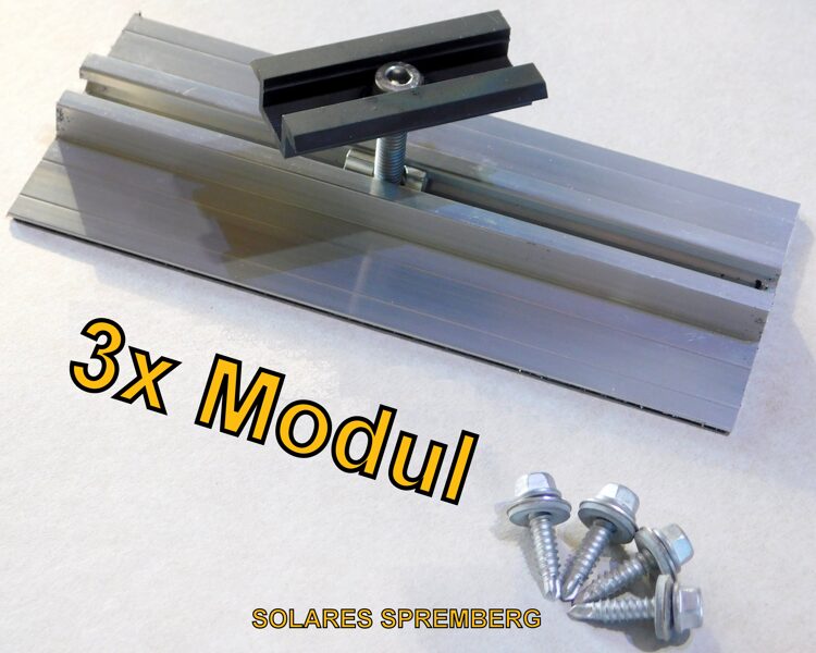 Komplettlösung für 3x PV-Modul auf Trapezblechdach vertikal / hochkant/ Sicke zu Sicke / Kurzschiene H=13mm B=90mm L=100-400mm