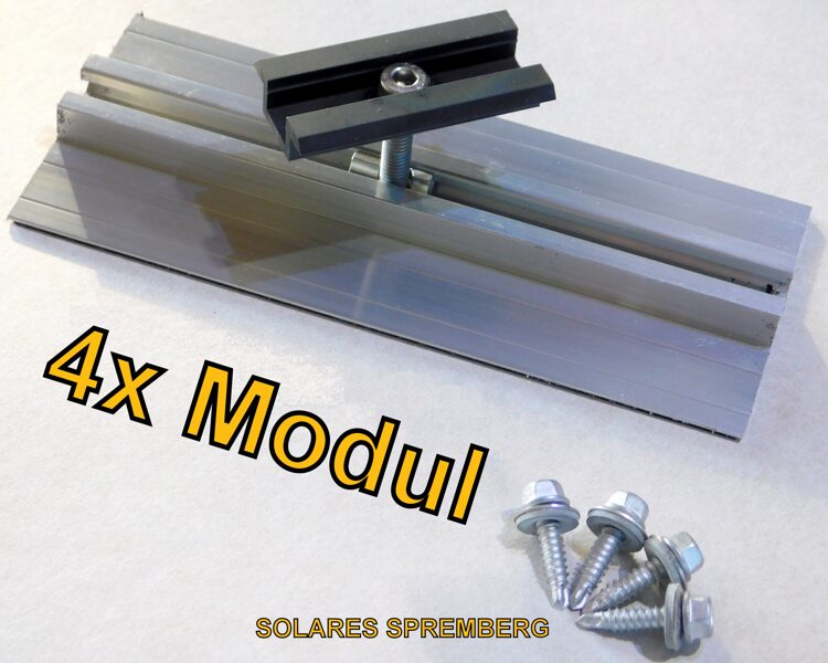 Komplettlösung für 4x PV-Modul auf Trapezblechdach vertikal / hochkant/ Sicke zu Sicke / Kurzschiene H=13mm B=90mm L=100-400mm