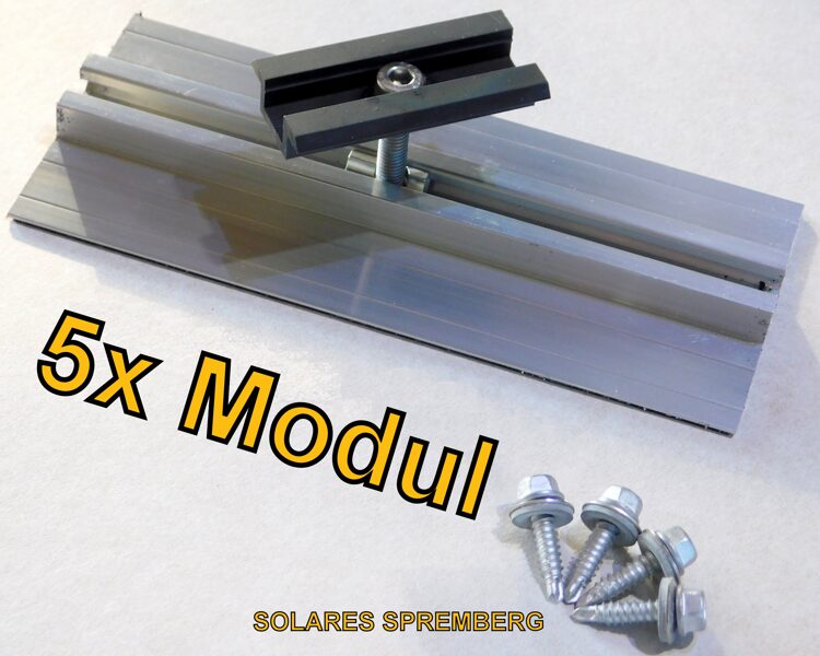 Komplettlösung für 5x PV-Modul auf Trapezblechdach vertikal / hochkant/ Sicke zu Sicke / Kurzschiene H=13mm B=90mm L=100-400mm