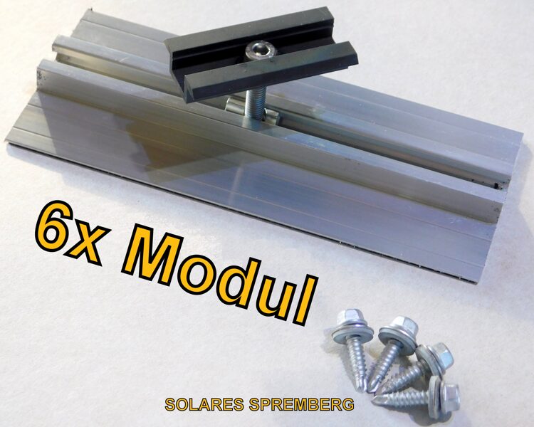 Komplettlösung für 6x PV-Modul auf Trapezblechdach vertikal / hochkant/ Sicke zu Sicke / Kurzschiene H=13mm B=90mm L=100-400mm