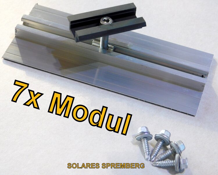 Komplettlösung für 7x PV-Modul auf Trapezblechdach vertikal / hochkant/ Sicke zu Sicke / Kurzschiene H=13mm B=90mm L=100-400mm