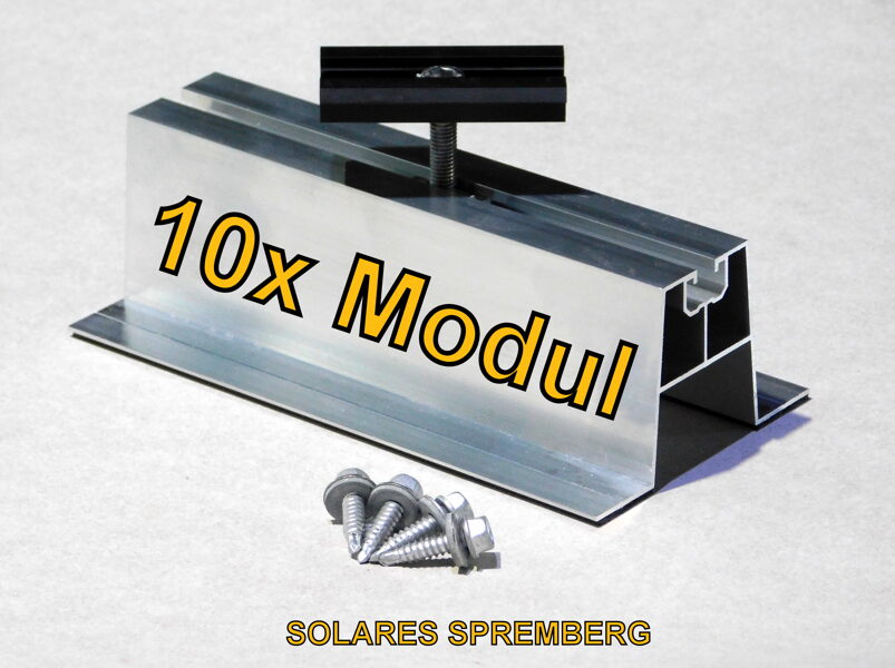 Komplettlösung für 10x PV-Modul auf Trapezblechdach vertikal / hochkant/ Sicke zu Sicke / Kurzschiene H=60mm B=90mm L=200-330mm