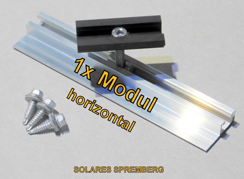 Komplettlösung für 1x PV-Modul auf Trapezblechdach horizontal / quer/ Hochsicke / Kurzschiene H=13mm B=40mm L=200mm
