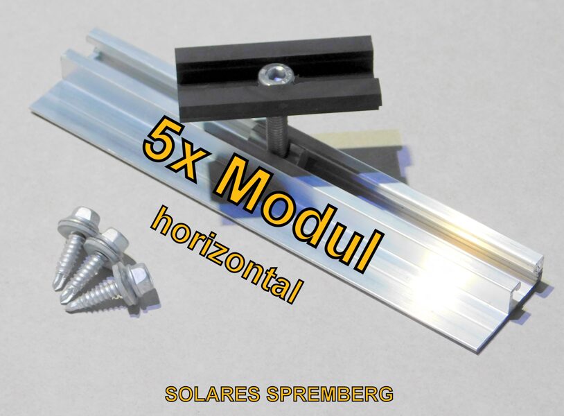 Komplettlösung für 5x PV-Modul auf Trapezblechdach horizontal /fünffach quer/ Hochsicke / Kurzschiene H=13mm B=40mm L=200mm