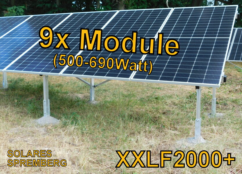 Komplettlösung Freilandanlage Bodenstruktur 9x Module vertikal / hochkant für weichen und festen Untergrund XXLF/2000+/9 / 20-30 Grad hochfest / 500-690 Watt pro Modul / 100% Aluminium & Edelstahl
