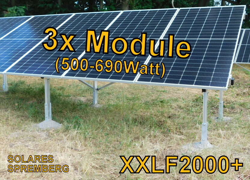 Komplettlösung Freilandanlage Bodenstruktur 3x Module vertikal / hochkant für weichen und festen Untergrund XXLF/2000+/3 / 20-30 Grad hochfest / 500-690 Watt pro Modul / 100% Aluminium & Edelstahl