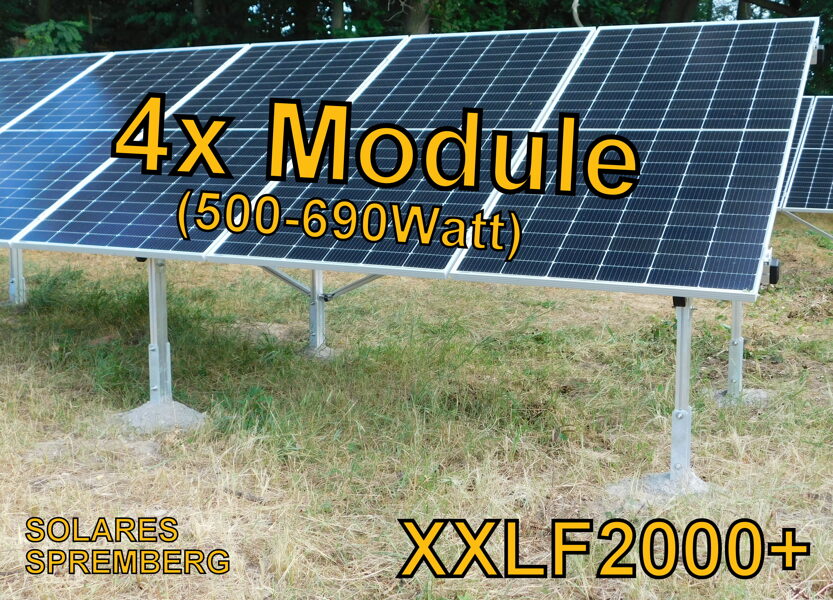 Komplettlösung Freilandanlage Bodenstruktur 4x Module vertikal / hochkant für weichen und festen Untergrund XXLF/2000+/4 / 20-30 Grad hochfest / 500-690 Watt pro Modul / 100% Aluminium & Edelstahl