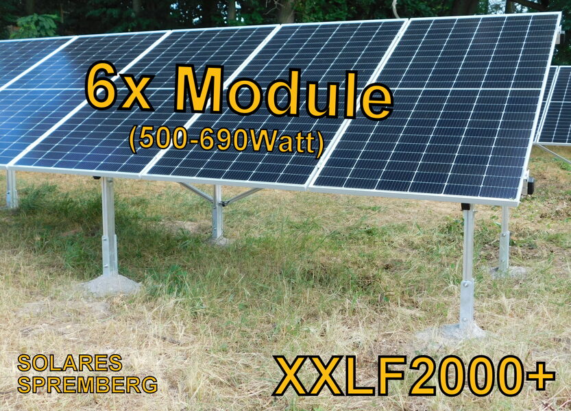 Komplettlösung Freilandanlage Bodenstruktur 6x Module vertikal / hochkant für weichen und festen Untergrund XXLF/2000+/6 / 20-30 Grad hochfest / 500-690 Watt pro Modul / 100% Aluminium & Edelstahl