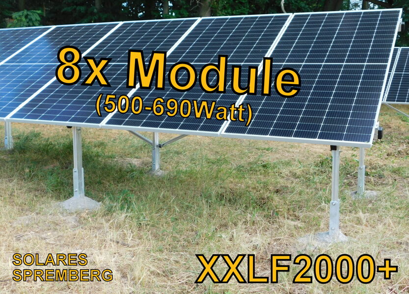 Komplettlösung Freilandanlage Bodenstruktur 8x Module vertikal / hochkant für weichen und festen Untergrund XXLF/2000+/8 / 20-30 Grad hochfest / 500-690 Watt pro Modul / 100% Aluminium & Edelstahl