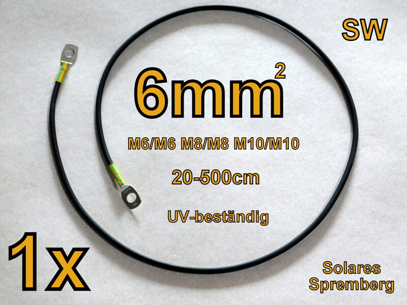 1x Erdungskabel Potenzialausgleich Blitzschutz vorkonfektioniert 20-500cm 6,0mm²schwarz / grün-gelb Verschrumpft / Verpressung M8/M8 M8/M10 M10/M10 Kupfer H1Z2Z2-K 6mm2