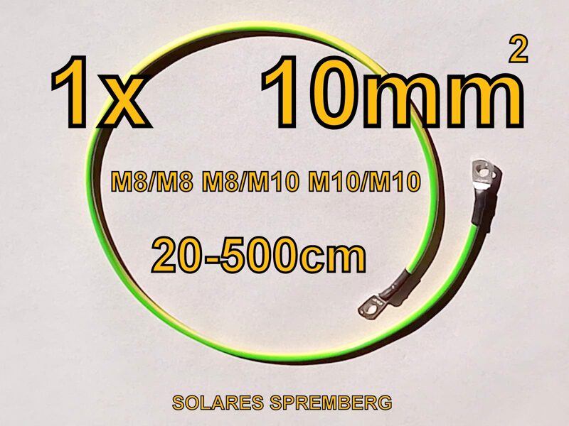 1x Erdungskabel Potenzialausgleich Blitzschutz vorkonfektioniert 20-500cm PE Kabel, 10,0mm²grün-gelb Verpressung M8/M8 M8/M10 M10/M10 Kupfer 0,2-10m H07V-K